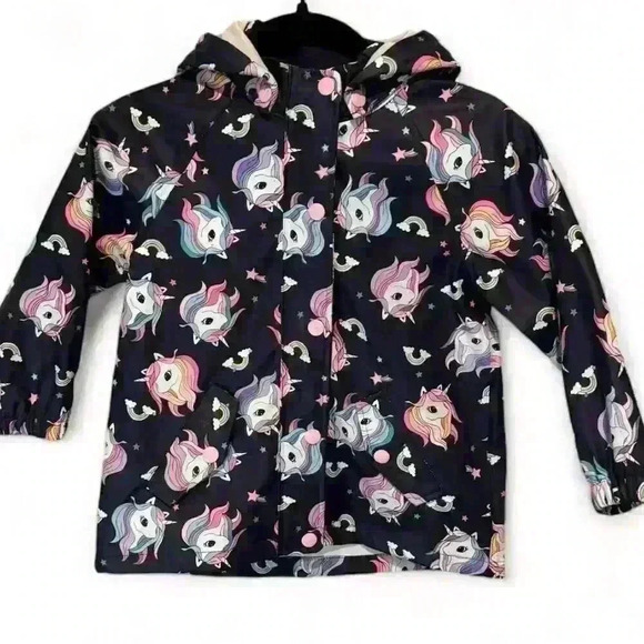 H&M Girls Unicorn Rain Jacket Blue Hooded - Size 2- 4 years Lightweight - Picture 1 of 7